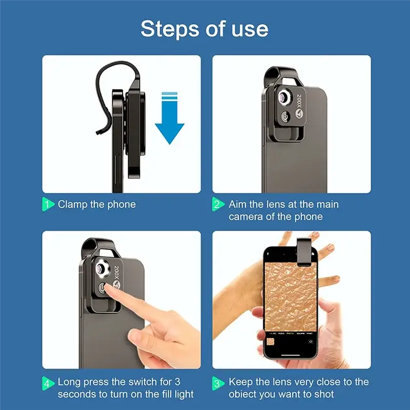 Smartphone camera lens attachment for FGHGF Model Number Microscope with usage instructions