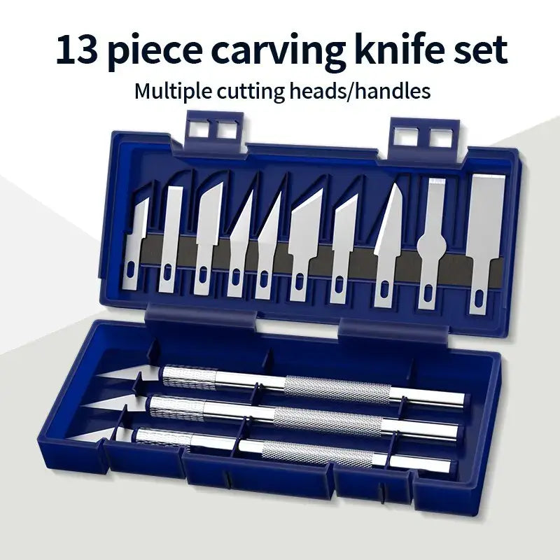 13-piece metal carving knife set with cutting heads in a blue storage case