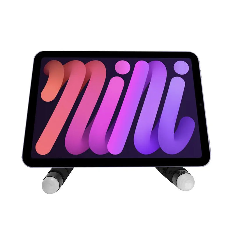 Tablet with colorful mini logo, supported by cylindrical stands, showcasing flexible tripod compatible accessory from Mainland China