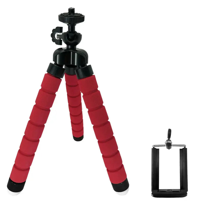 Flexible red tripod with black accents and smartphone mount compatible with devices from Mainland China