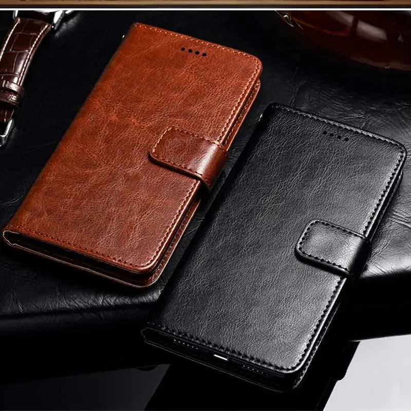 Leather wallet-style Flip Case for Samsung Galaxy S23 Ultra in brown and black colors