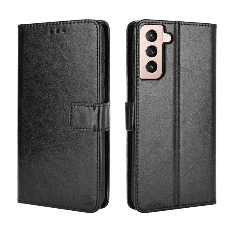 Black leather flip case for Samsung Galaxy S23 Ultra with card slots and camera cutout