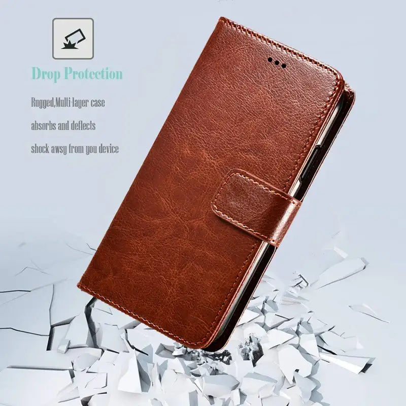 Brown leather wallet-style flip case for Samsung Galaxy S23 Ultra with closure strap