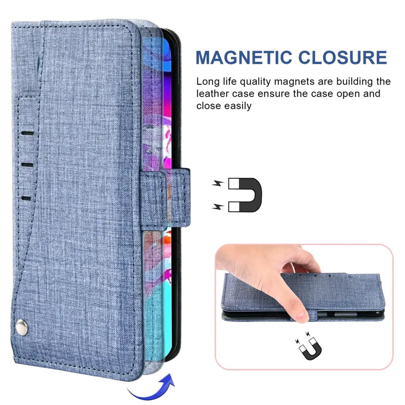 Denim-style flip leather swivel wallet phone case with magnetic closure and card slots