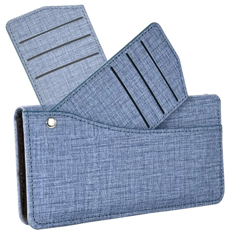 Denim-style fabric wallet phone case with card slots and snap closure in leather swivel design