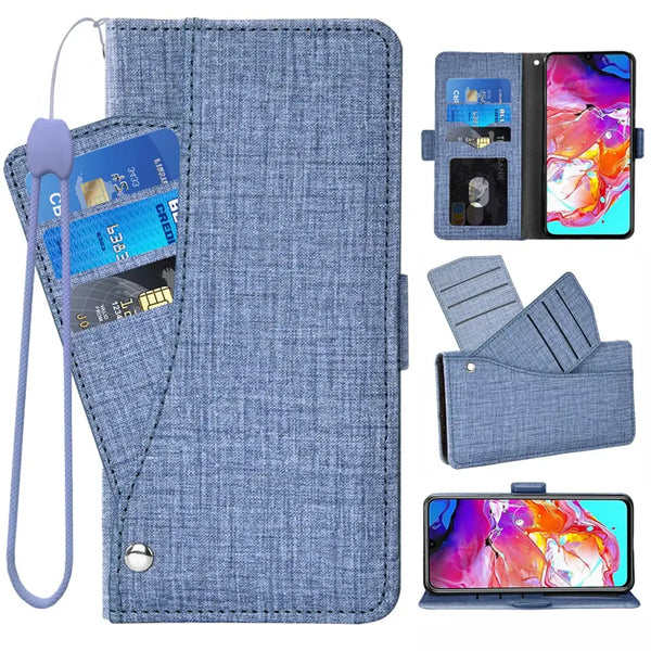 Denim-style Flip Leather Swivel Wallet Phone Case with wrist strap and card slots