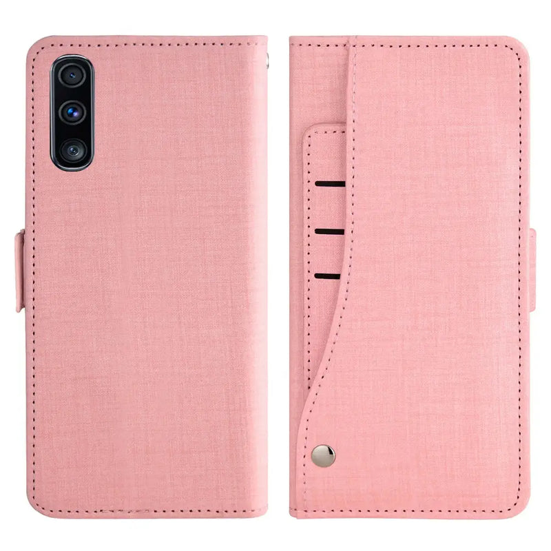 Pink leather swivel wallet phone case with card slots and camera cutout features