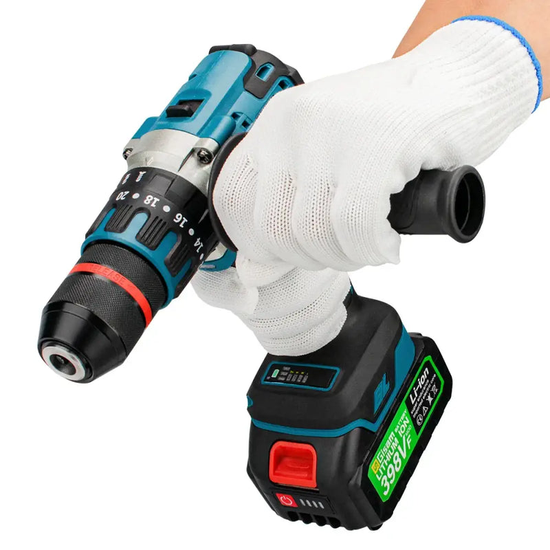 Cordless Gisam 398VF Brushless Electric Impact Drill held by a gloved hand