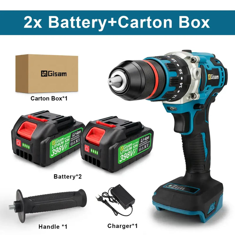 Gisam 398VF Brushless Electric Impact Drill with batteries, charger, and packaging displayed