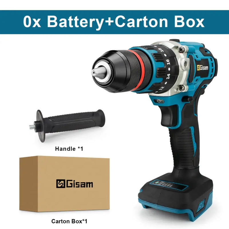 Cordless electric impact drill in blue and black, Gisam 398VF Brushless model