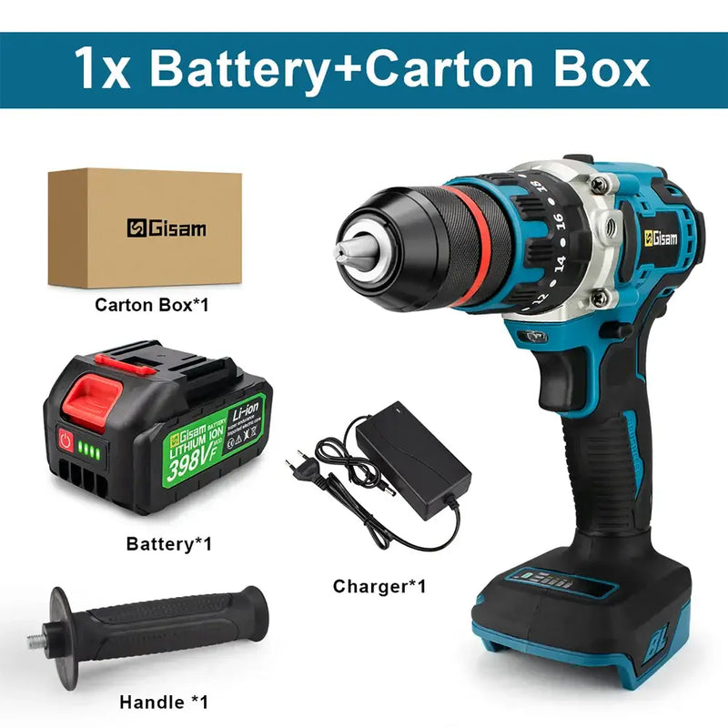 Gisam 398VF Brushless Electric Impact Drill with battery, charger, handle, and box