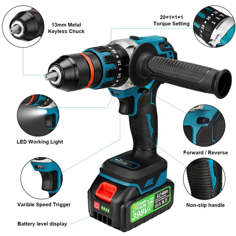 Cordless Electric Impact Drill Gisam 398VF with multiple features highlighted