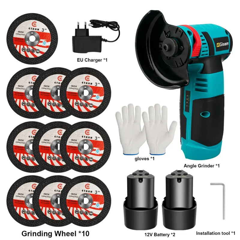 Teal and black Gisam Electric Angle Grinder with accessories and cutting discs