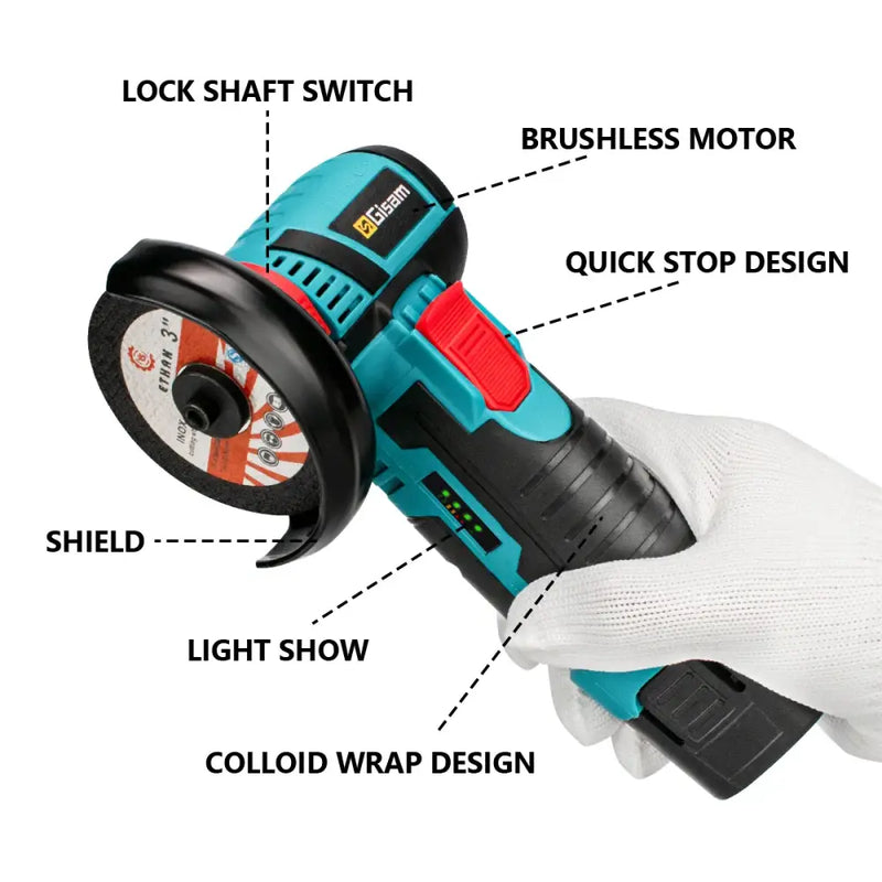 Handheld electric angle grinder Gisam features teal and black design with 19500RPM speed