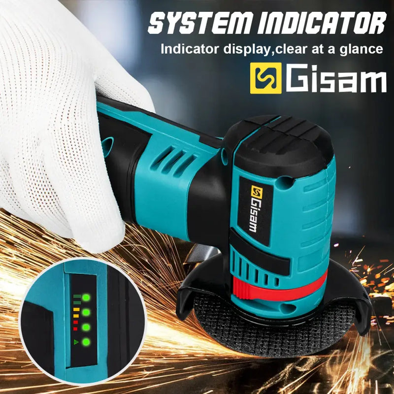 Teal and black Gisam Electric Angle Grinder in action, showcasing sparks and a system display