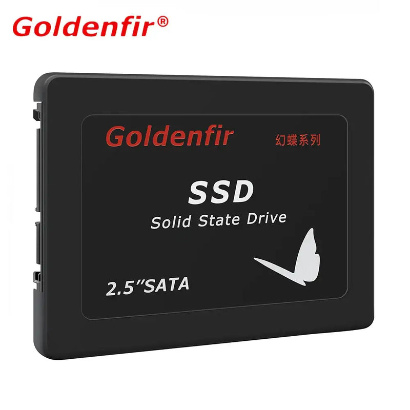 Goldenfir SATA III Nand Flash SSD with cooling fin, featuring a black casing and red text