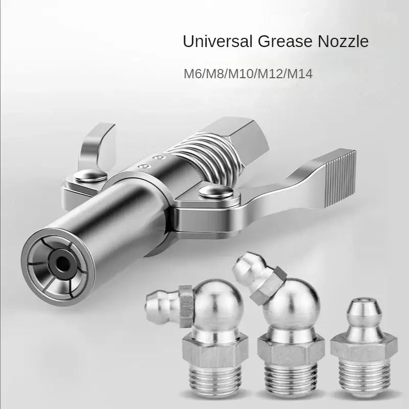 Universal grease nozzle with attachments for grease gun coupler and lubricant tip