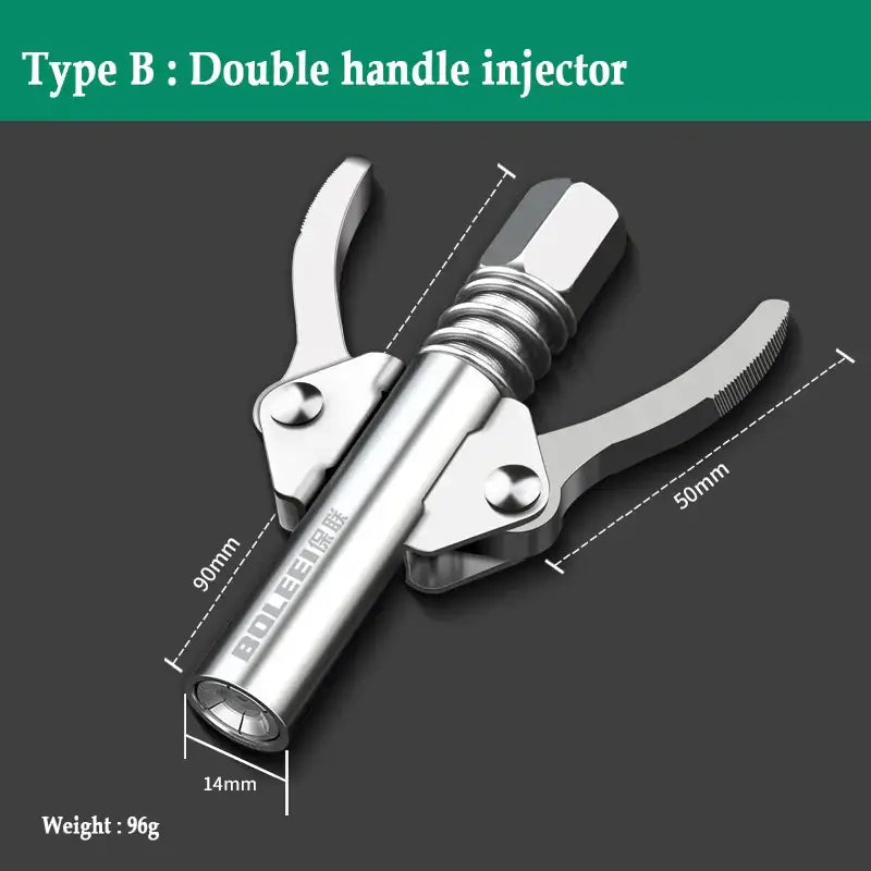 Double handle injector with metal body and levers for grease gun coupler and lubricant tip