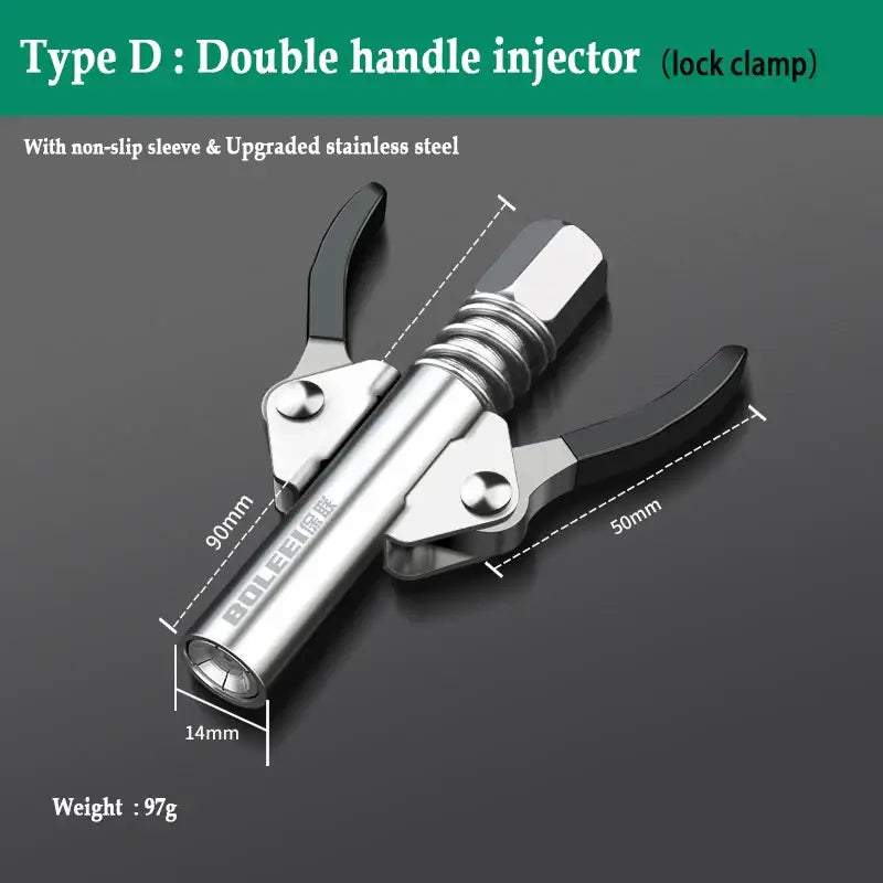 Double handle injector with lock clamp for Grease Gun Coupler and Lubricant Tip