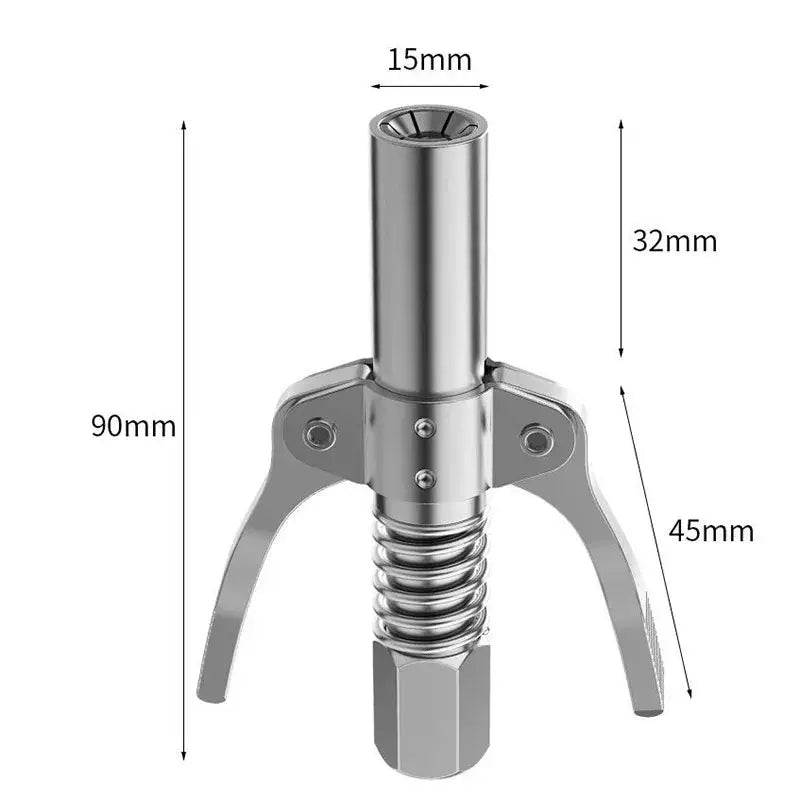 Metal grease gun coupler with three prongs for efficient lubricant tip application