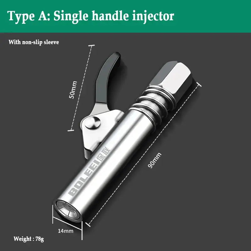 Single handle grease gun injector with non-slip sleeve and curved grip for wheel maintenance