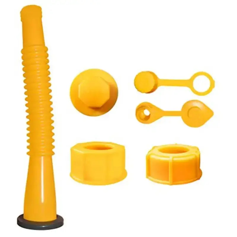 Yellow plastic gas can spout with screw cap and hexagonal nut plug for tool maintenance