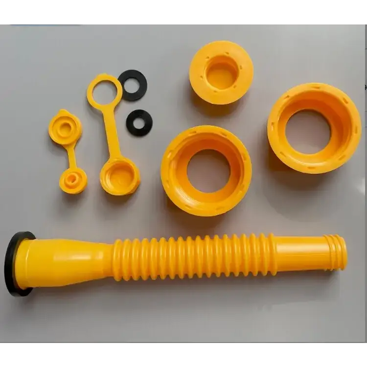 Yellow plastic gas can spout with attachments, seals, and hexagonal nut for tool repair