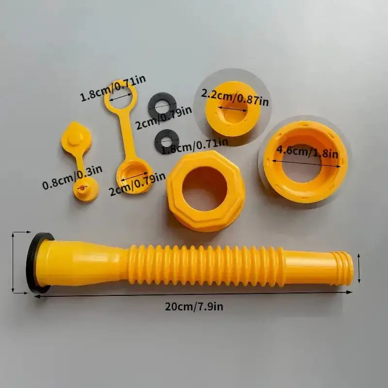 Yellow plastic spout and attachments for Hand Tool Parts, including hexagonal nut options