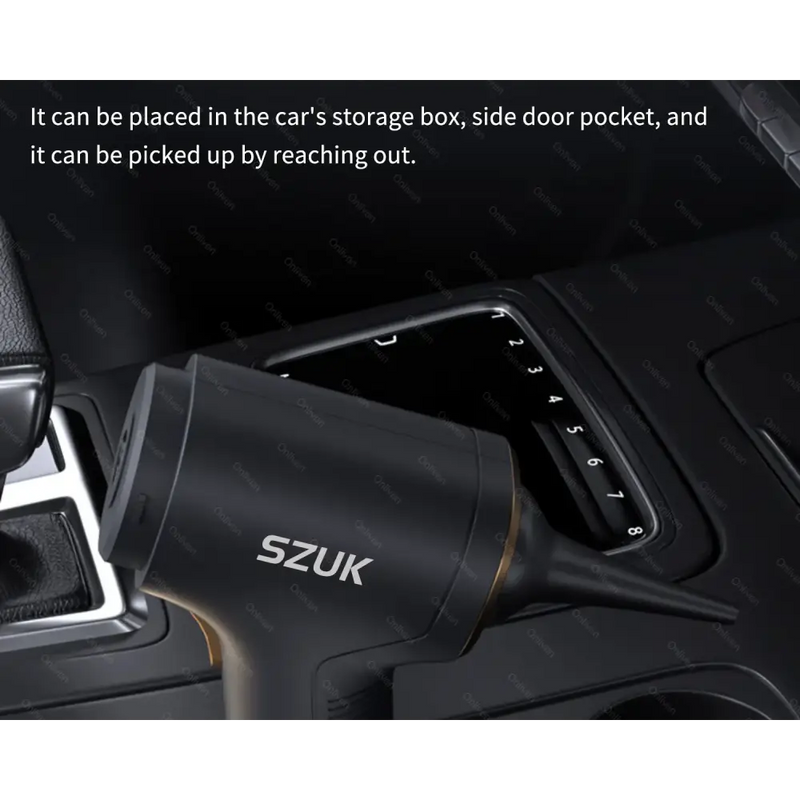 Black SZUK device in vehicle interior, showcasing the Handheld Car Vacuum Cleaner