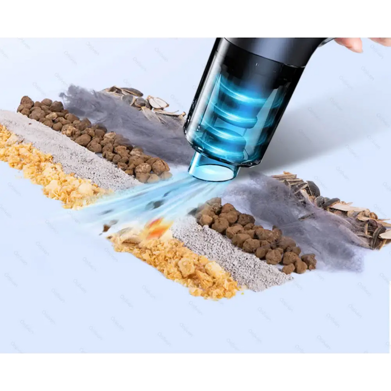 Handheld car vacuum with blue light efficiently cleaning pet food from various surfaces