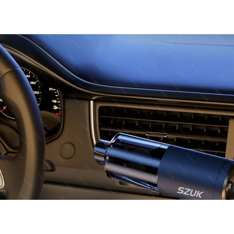 Cylindrical car air purifier attached to a vehicle’s air vent beside Handheld Car Vacuum