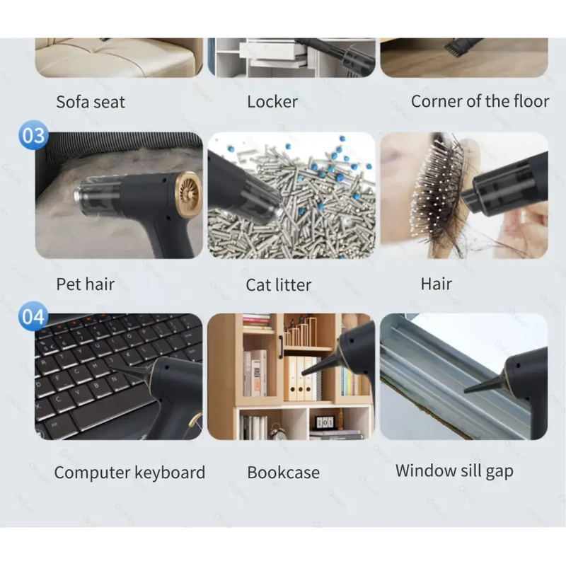 Collage of cleaning scenarios highlighting the Handheld Car Vacuum for a pristine vehicle interior