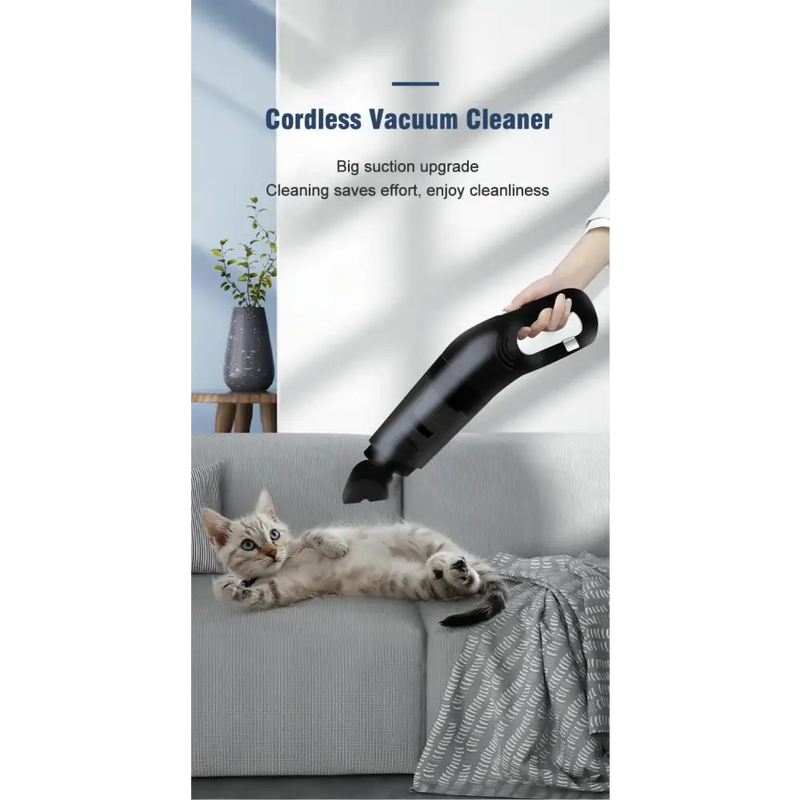 Cordless handheld vacuum cleaner grooming a relaxed cat on a couch at home