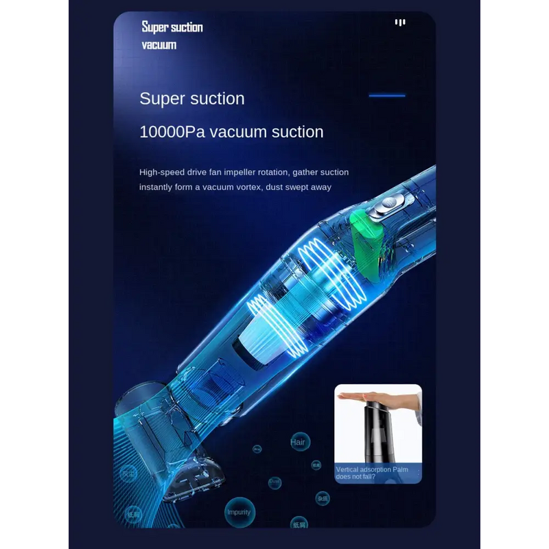 Handheld USB Charging Portable Vacuum Cleaner with transparent blue casing and glowing components