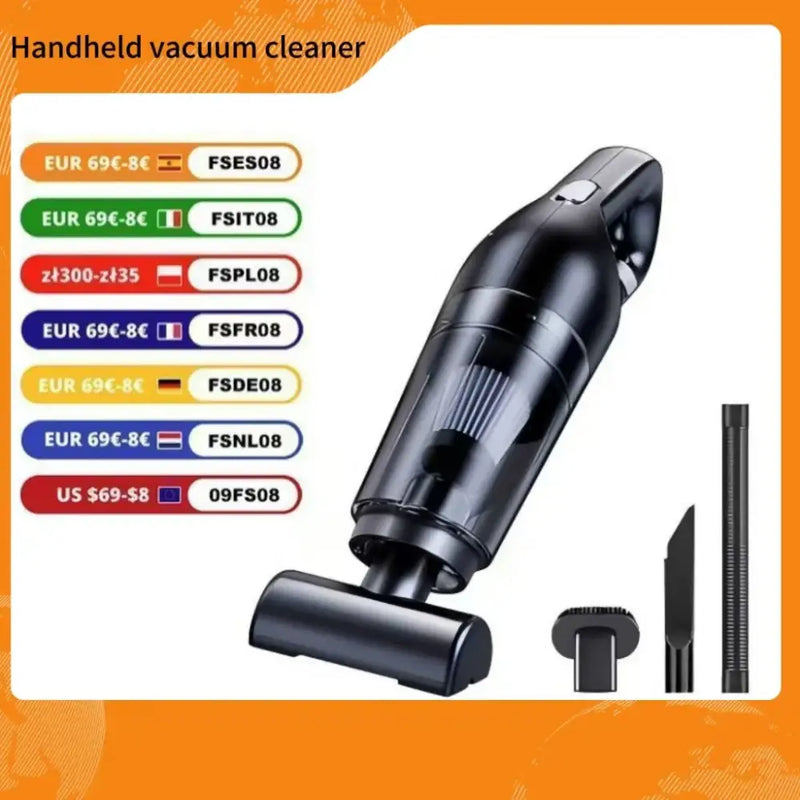 Handheld USB Charging Portable Vacuum Cleaner with attachments and pricing information