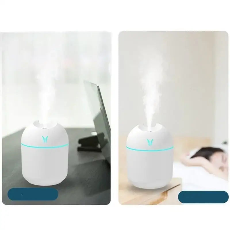 White cylindrical HAOYUNMA Compact Humidifier with mist discharge power and blue accent light