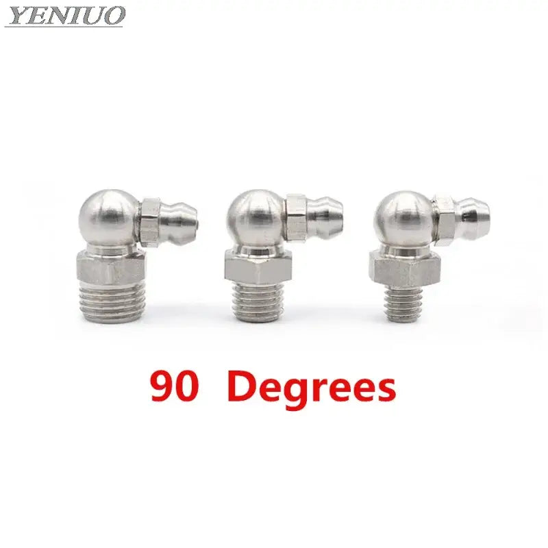 Three stainless steel grease nipples with male thread 1/8 in 90-degree angles