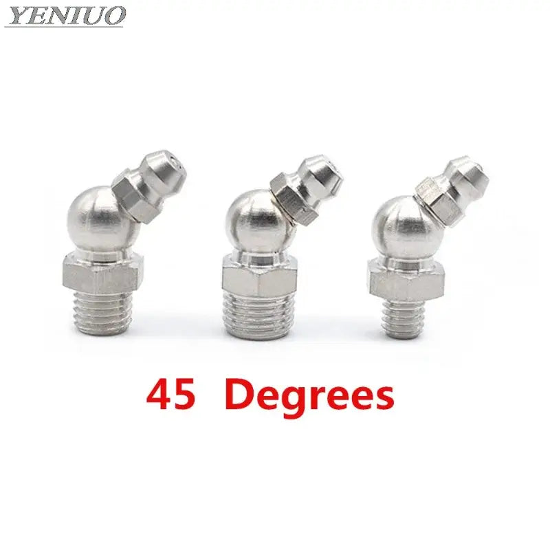 Angled stainless steel grease nipple with male thread at 45 degrees for efficient lubrication