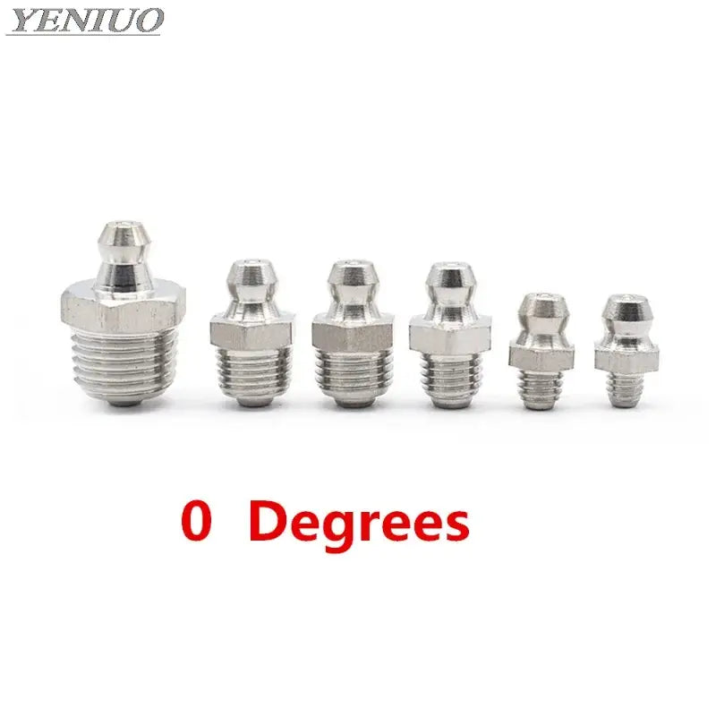 Set of six stainless steel grease nipples with male thread in various sizes