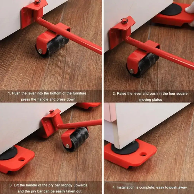 Red heavy duty furniture lifting tool with rollers and lever mechanism for easy moving