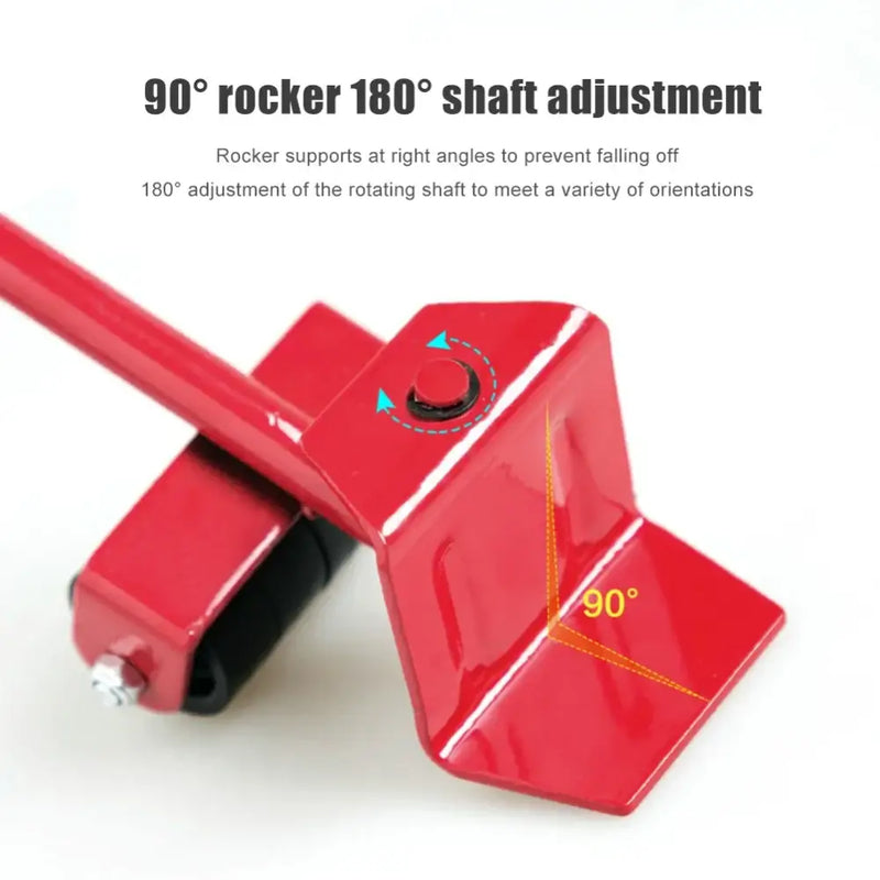 Red mechanical device with adjustable components for precision in heavy duty furniture lifting tool