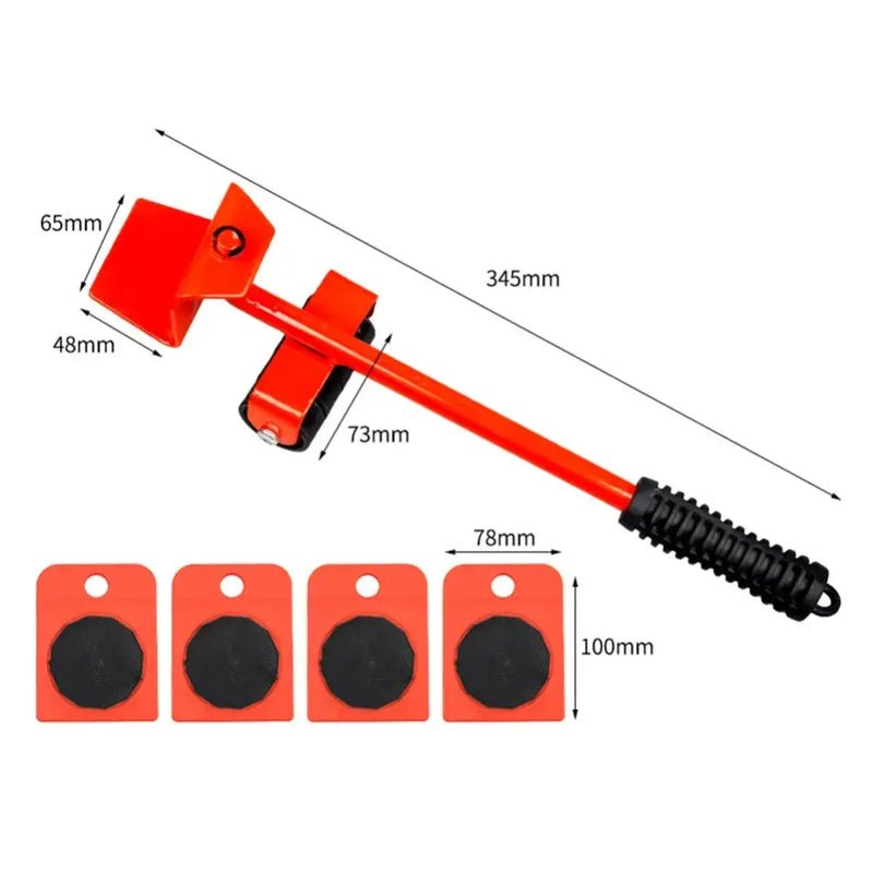 Red heavy duty furniture lifting tool set with four sliding pads for easy moving