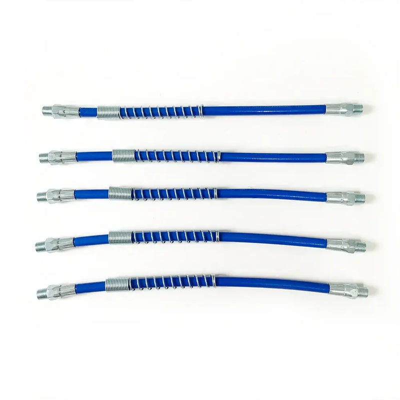 Blue and silver flexible hydraulic hose for heavy-duty grease gun whip efficiency