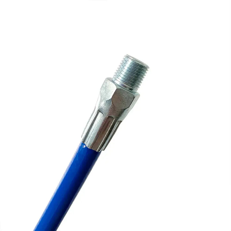 Blue-handled paint roller extension pole with threaded end for grease gun whip applications