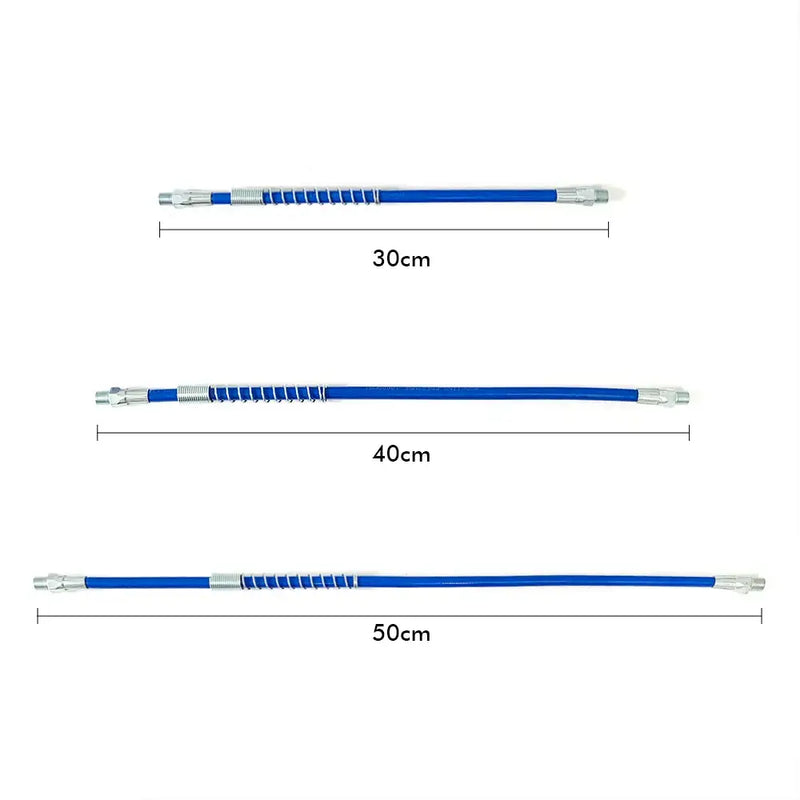 Blue and white grease gun whip hoses in various lengths for efficient wheel maintenance