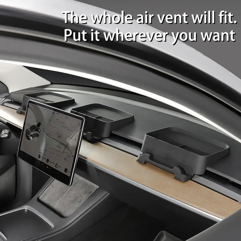 Car dashboard featuring central touchscreen and Herval Black Silicone Air Vent Removable Tray