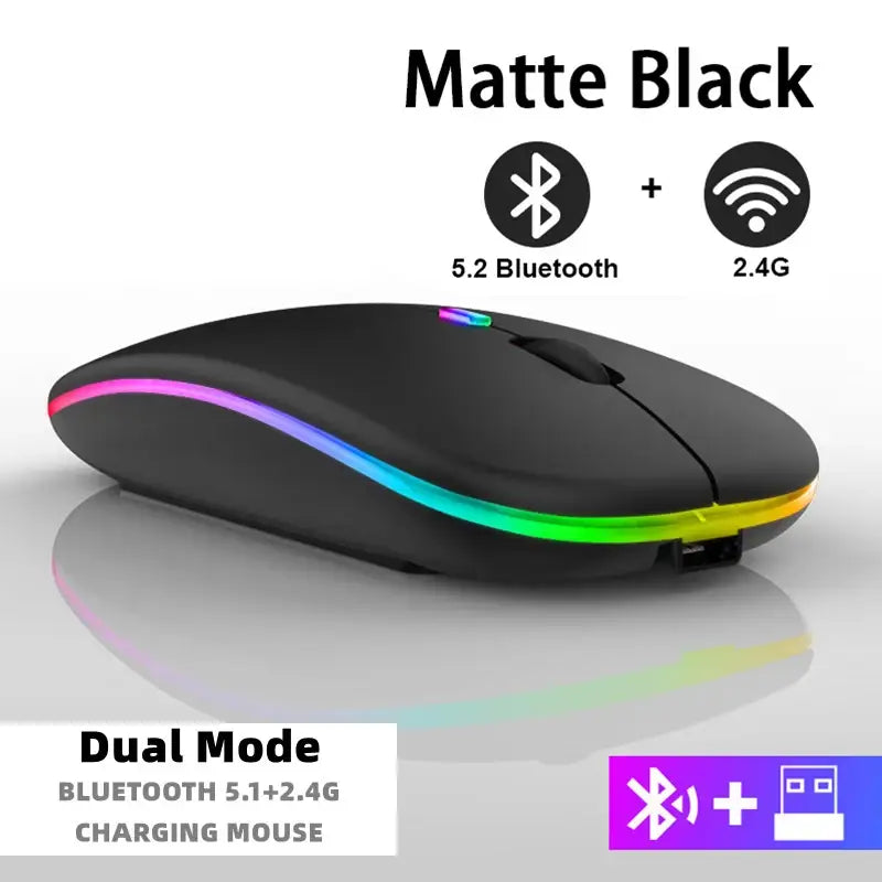 Sleek matte black Bluetooth wireless mouse with RGB lighting and rechargeable battery