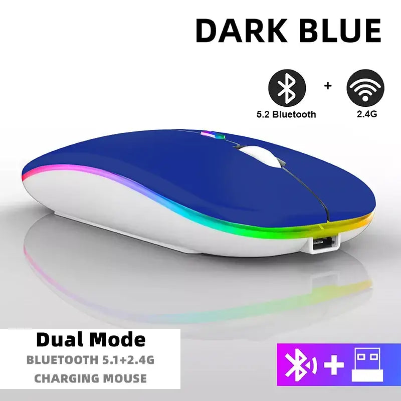 Sleek dark blue Bluetooth wireless mouse with RGB lighting and dual connectivity modes