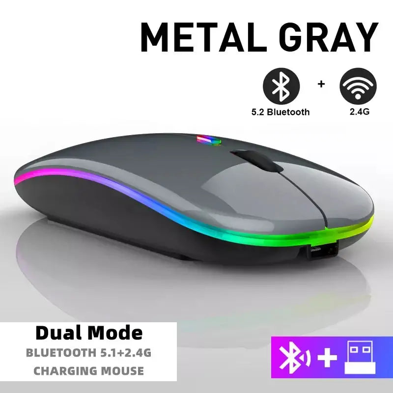 Sleek metal gray Bluetooth wireless mouse with RGB lighting and rechargeable battery