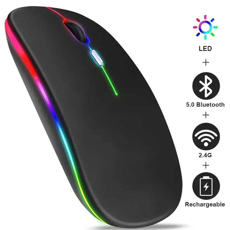 Sleek black Bluetooth wireless mouse with LED lighting and rechargeable battery